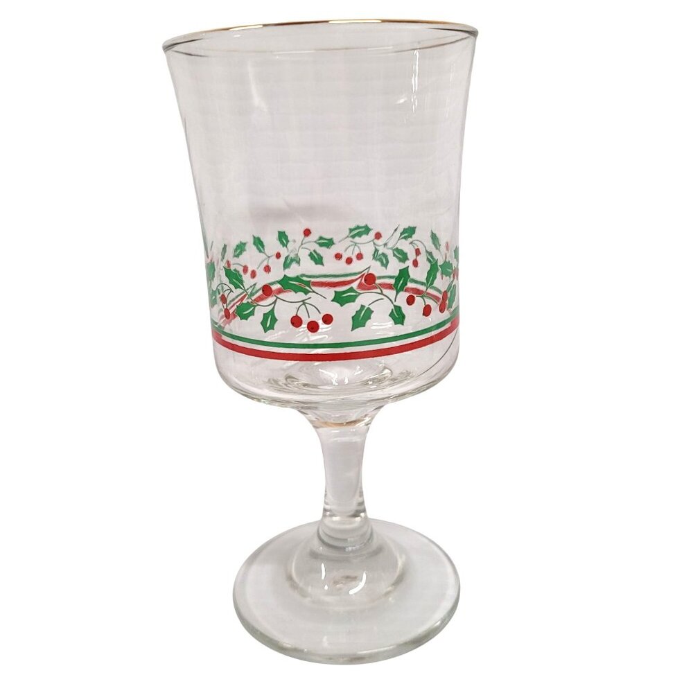 Libbey 1980s Set 6 Holly Berries Christmas Stemware Wine Glasses No Mark Vintage - Picture 2 of 7